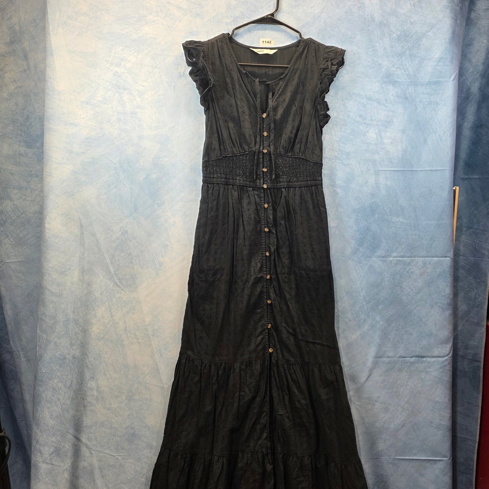 Sonoma Goods For Life Black Dobby Maxi Dress Smocked Waist Ruffle‎ Sleeve XS